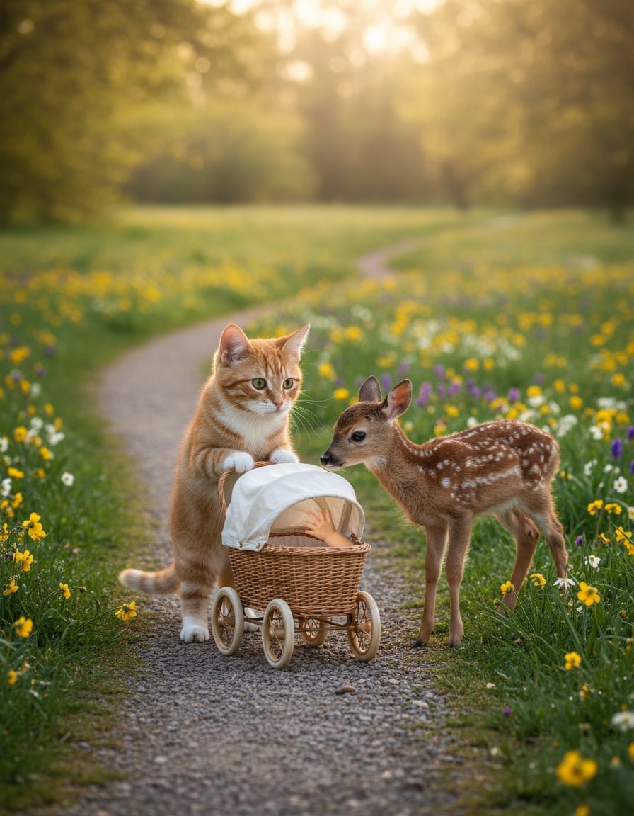 A ginger cat pushes a stroller as a small child's hand reaches toward a baby deer in a park.