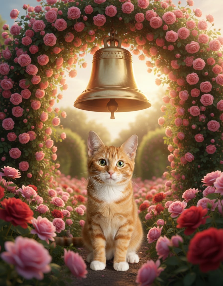 Pixa gazes admiringly at a shiny golden bell hanging from a rose arch in a garden.