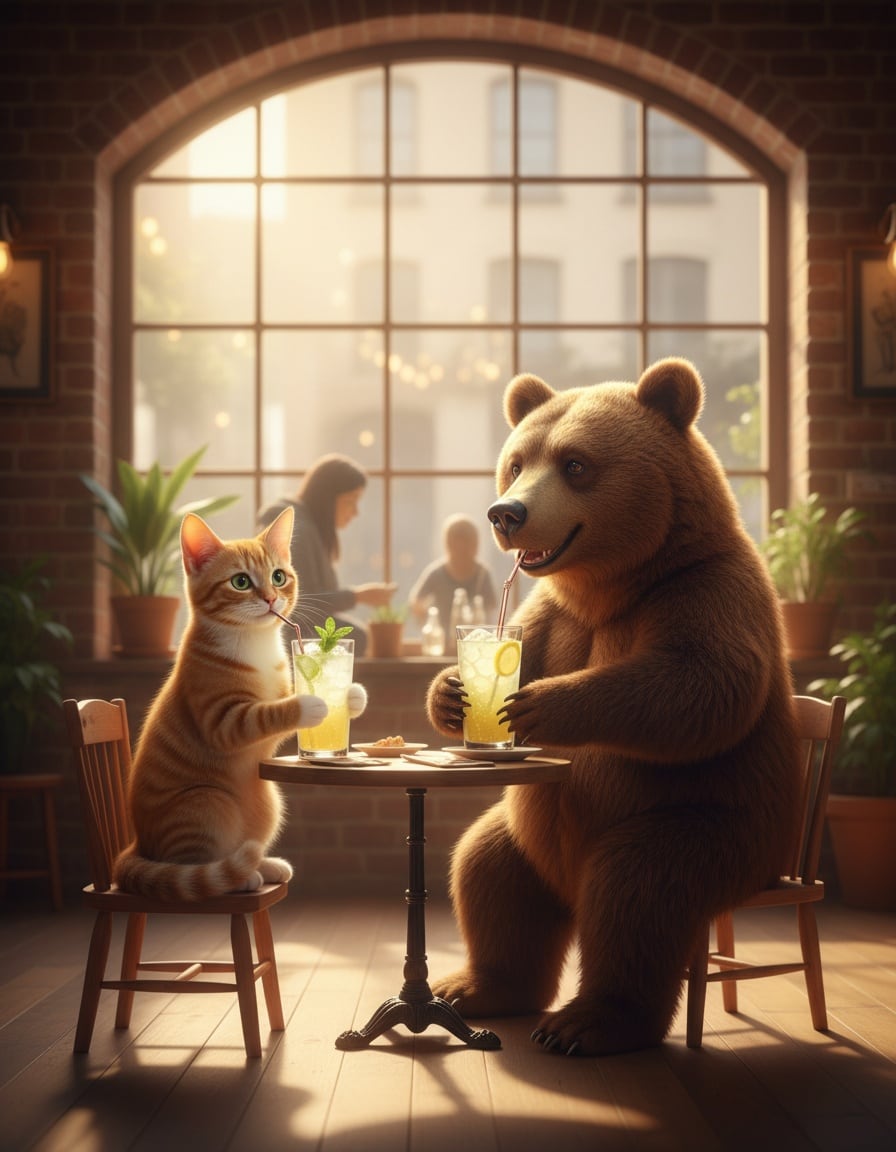 A ginger cat and a big brown bear sit at a café table, each drinking lemonade through a straw.