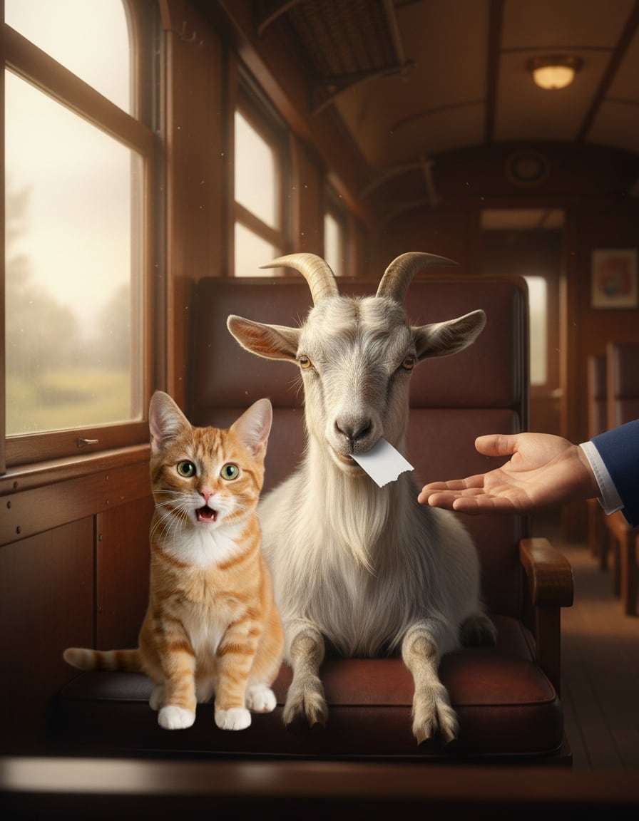 A shocked ginger tabby cat on a train watches a billy goat chew its ticket.