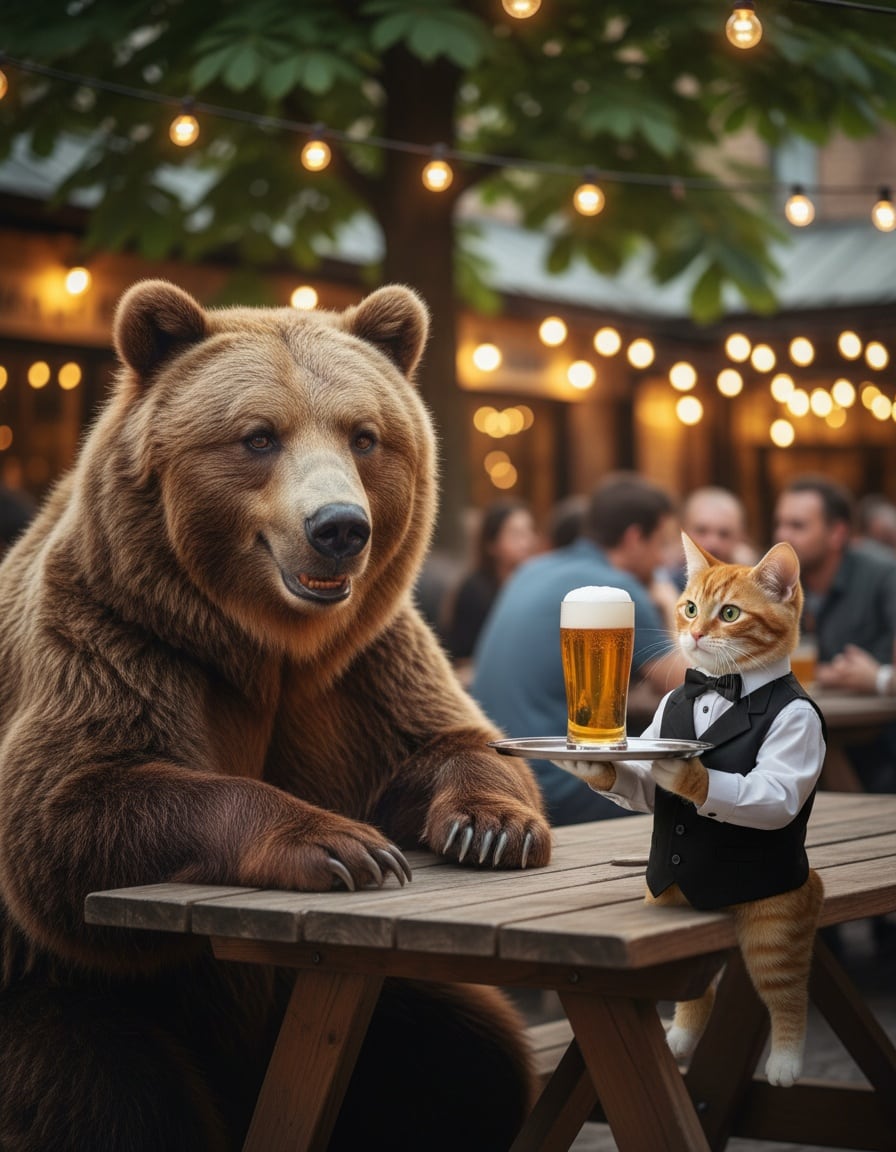 A ginger cat waiter serves a foamy glass of beer to a friendly bear in a beer garden.
