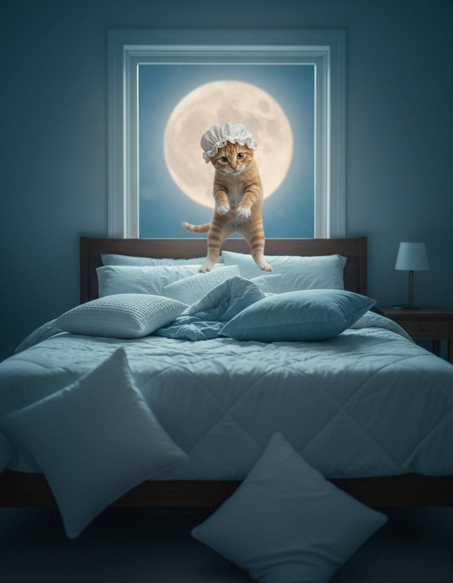 A ginger tabby cat in a nightcap bounces on a bed at night under a big full moon.