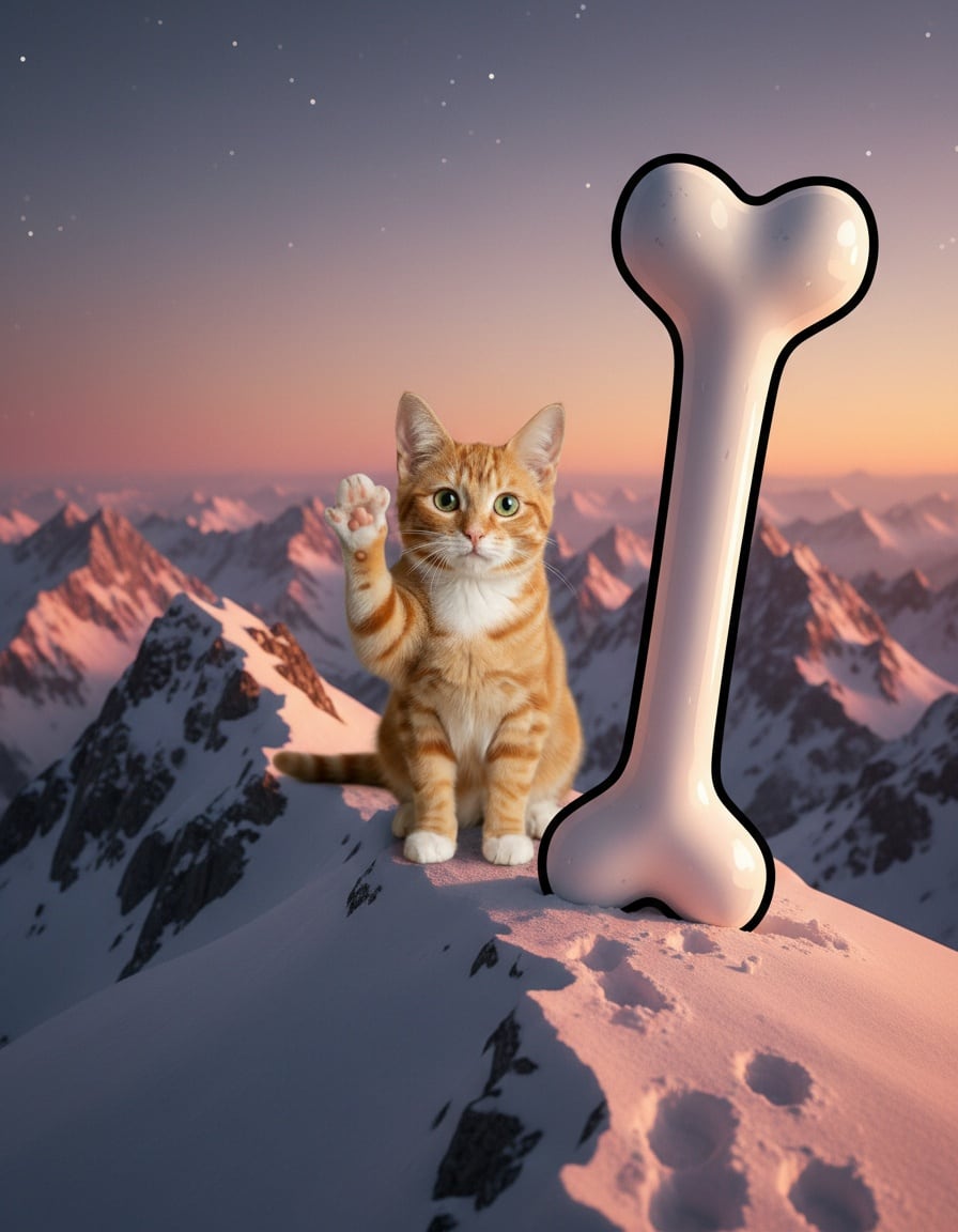A ginger cat waves at dusk beside a giant bone planted on a mountain peak.
