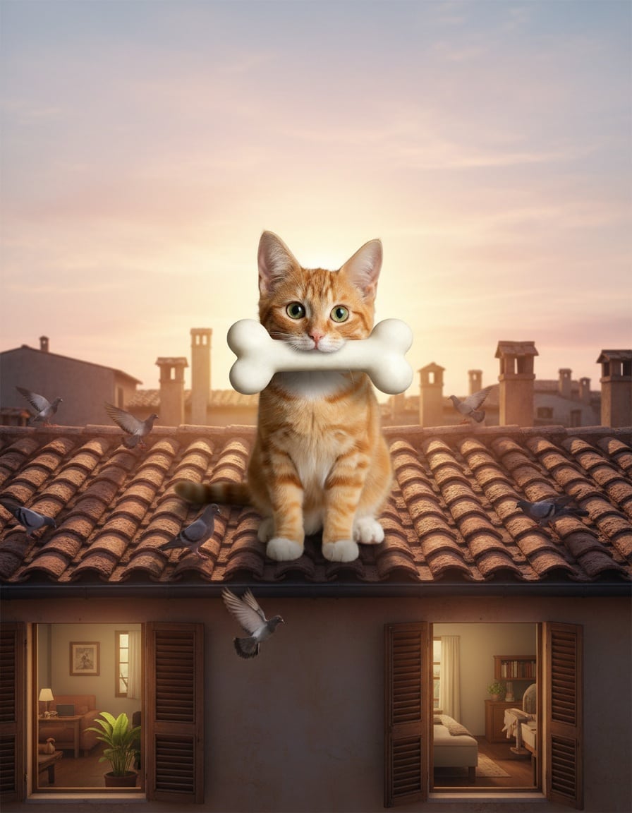 A ginger tabby cat carries a huge bone across terracotta rooftops at sunrise.