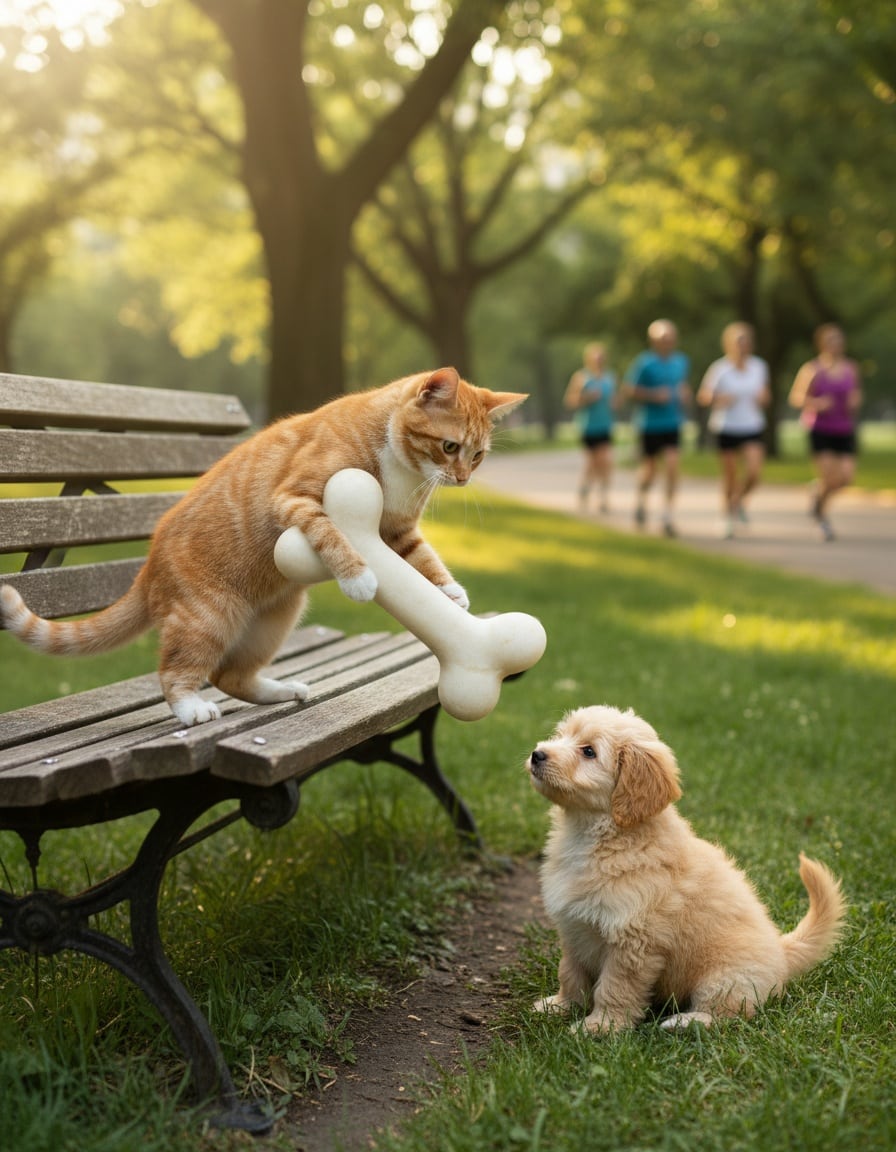 A ginger cat on a park bench rewards a well-behaved sitting puppy with a big bone.