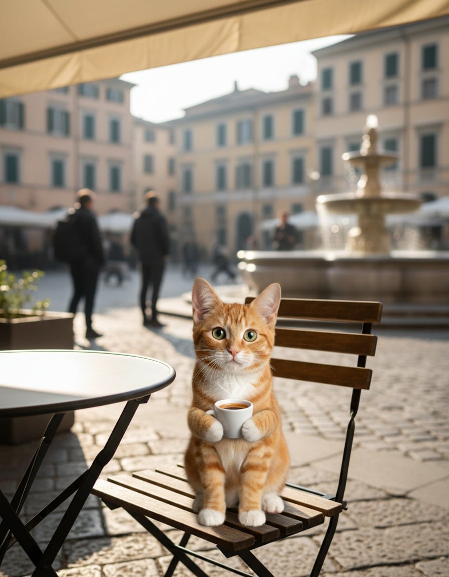 A ginger tabby cat at a sunny outdoor café sips coffee from a small espresso cup.