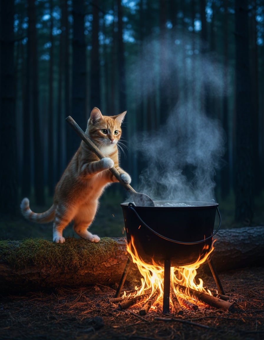 A ginger cat stirs a steaming black cauldron over a campfire in a forest at night.