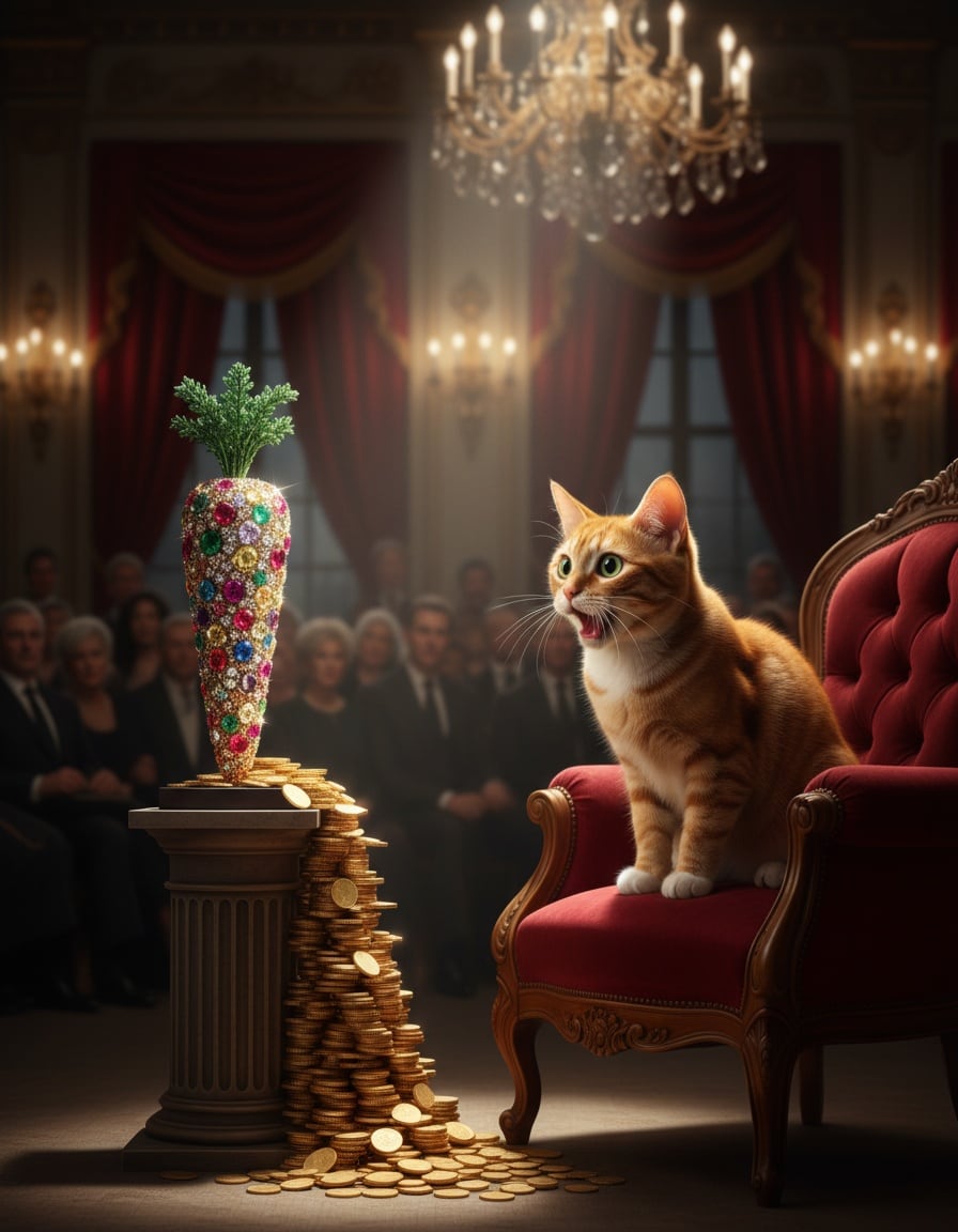 A shocked ginger cat stares at a jeweled carrot beside a huge pile of gold coins in an auction room.