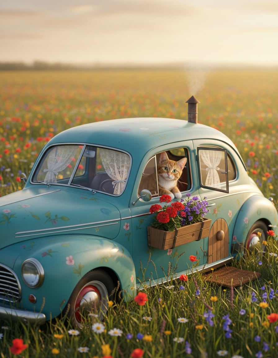 A ginger cat looks out of an old car converted into a cozy little house in a meadow.