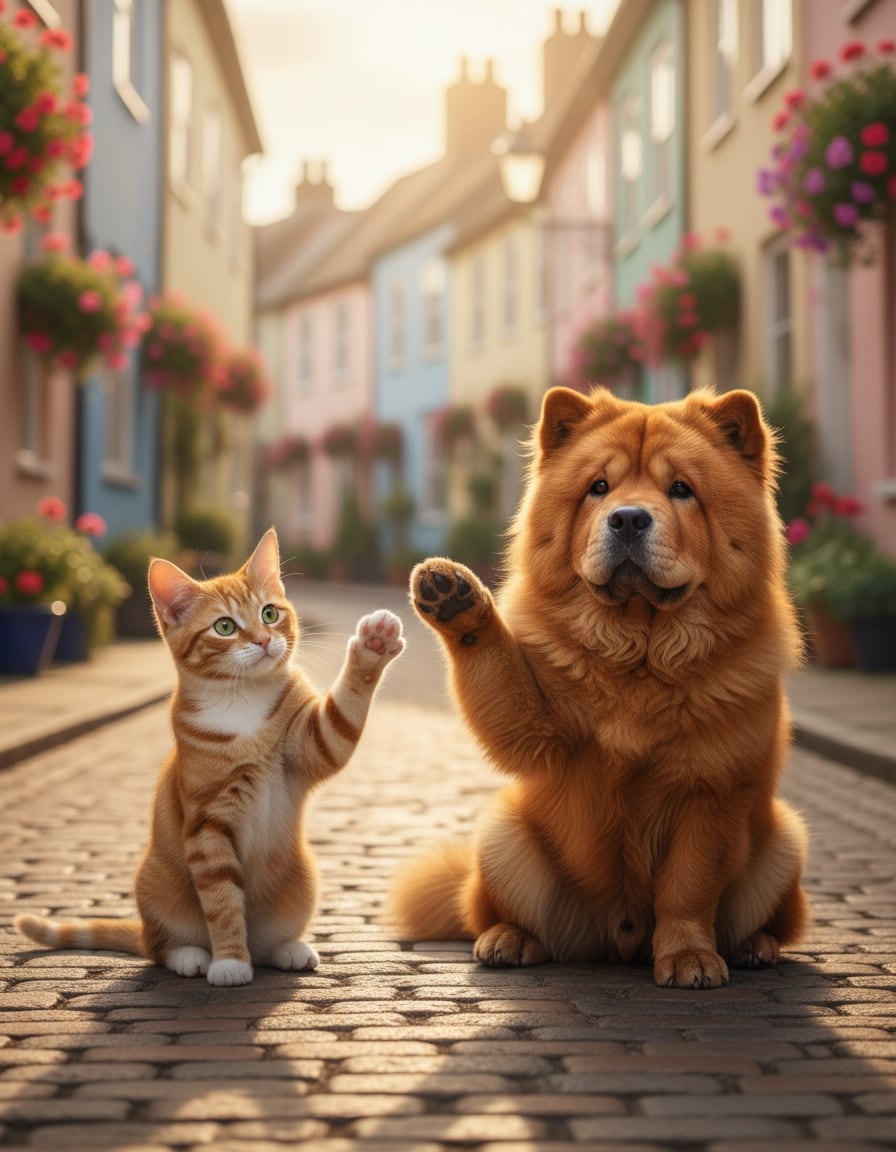A ginger tabby cat waves a paw at a fluffy Chow Chow dog on a sunny cobblestone street.