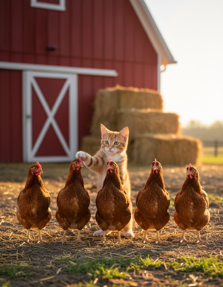 A ginger tabby cat in a farmyard counts five chickens standing in a row.