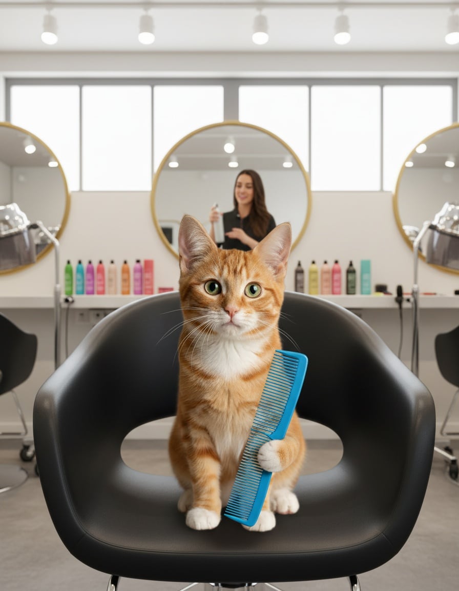 A puzzled ginger cat in a salon chair holds a big comb upside down.
