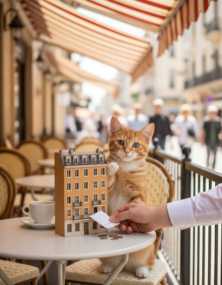A ginger cat at a café table receives the bill inside a small model apartment building.
