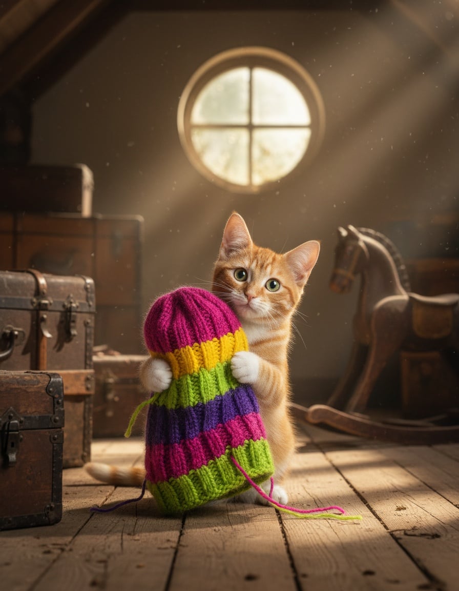 A ginger tabby cat in an attic holds up a strange knitted tea cozy and looks puzzled.