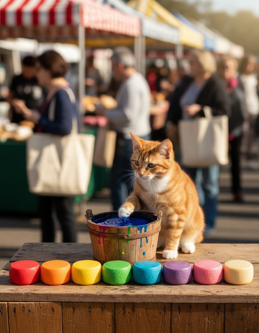 A ginger tabby cat at a market stall dyes a row of ten cheese wheels in ten bright colours.