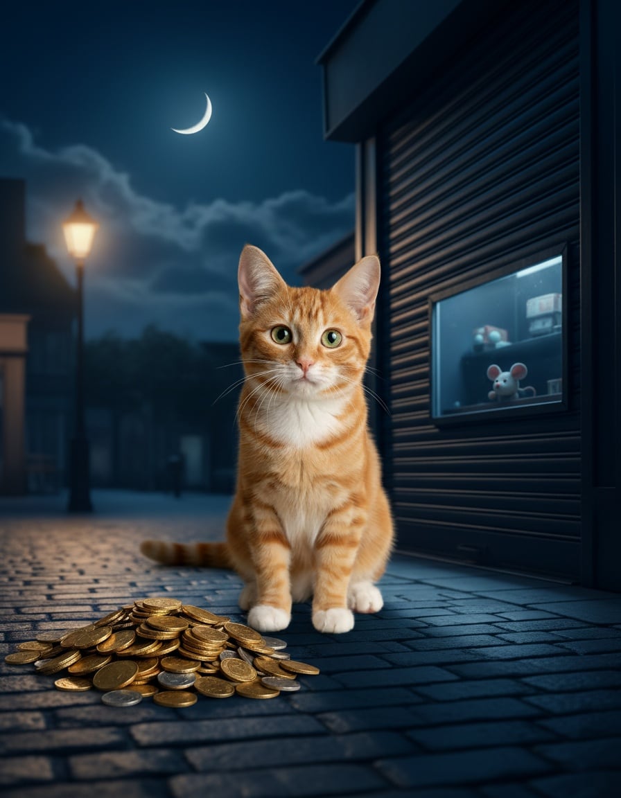 A ginger tabby cat sits with a pile of coins outside a closed toy shop at night.
