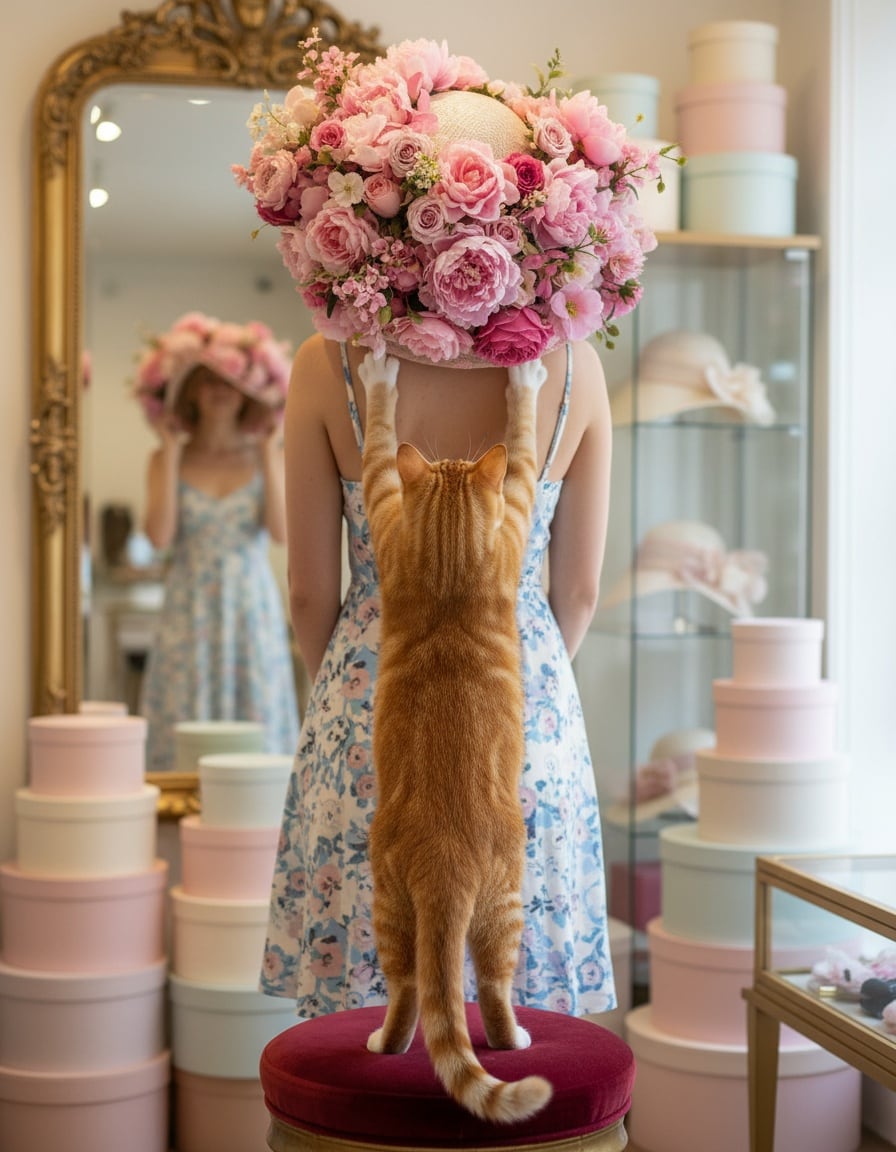 A ginger tabby cat on a stool places a huge flowery hat on a woman's head in a hat shop.