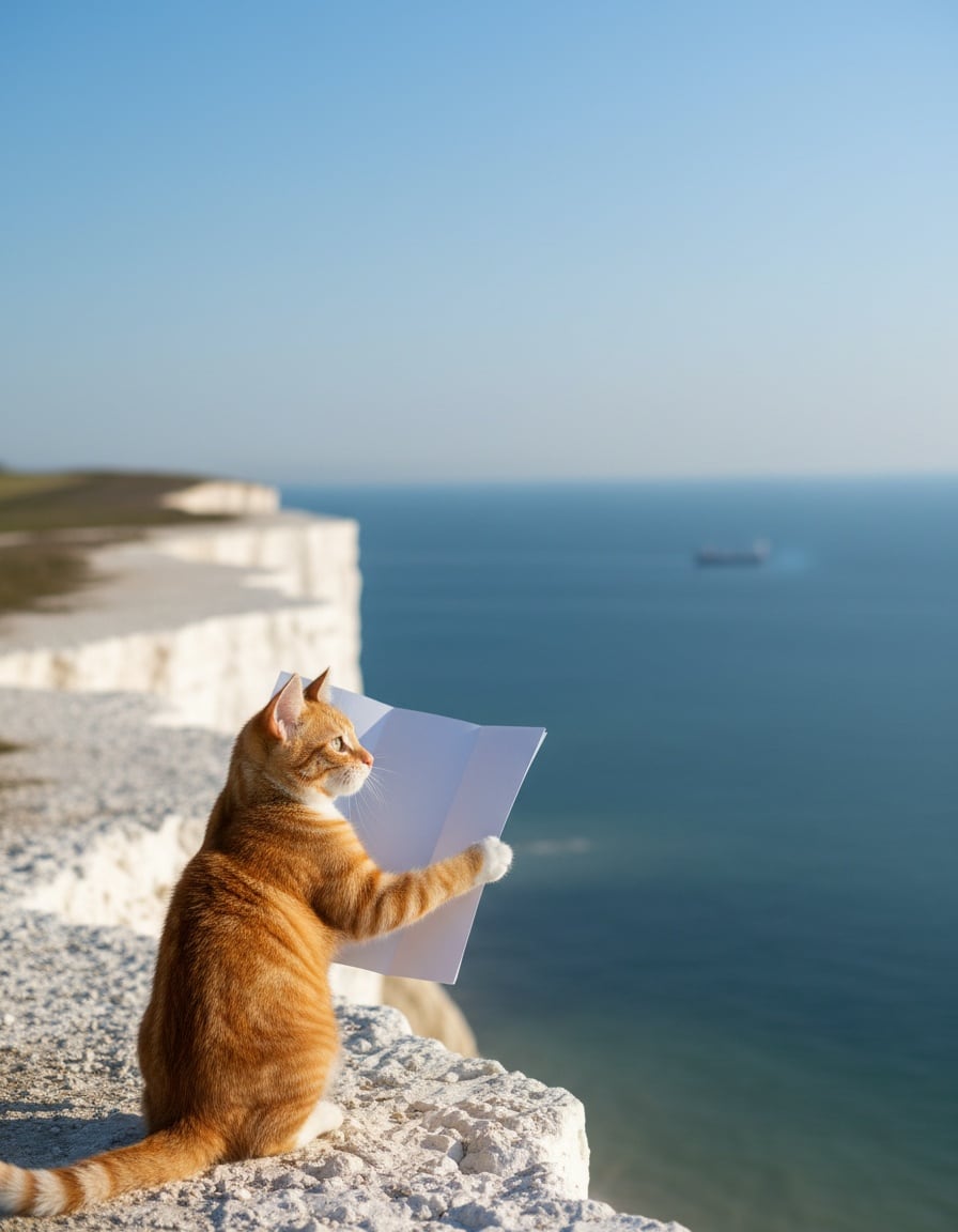 A puzzled ginger cat holds a big map on top of white sea cliffs.