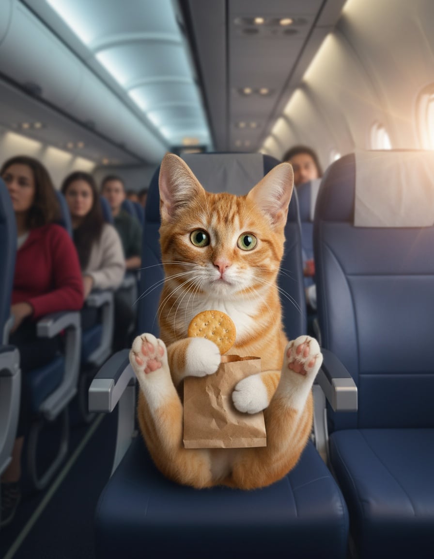 A ginger cat squeezed into a cramped airplane seat happily holds a tiny snack bag.