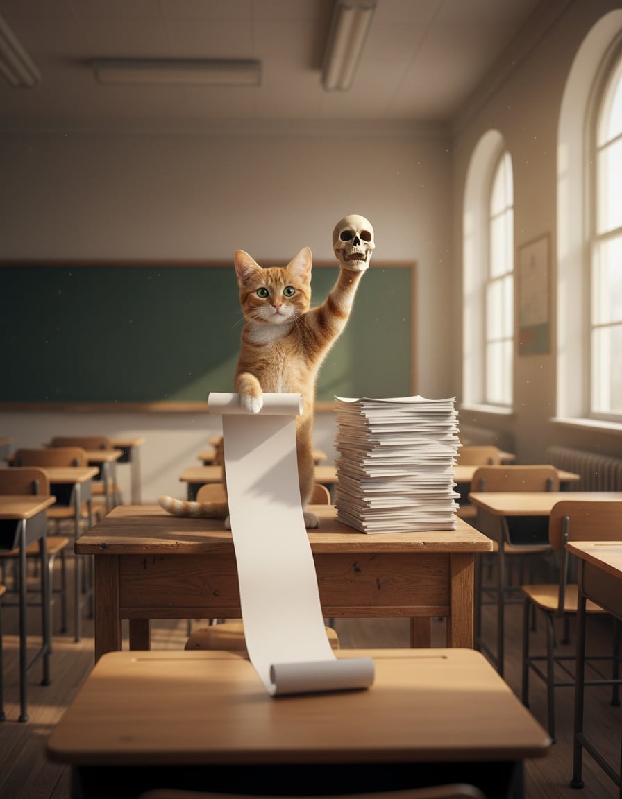 A ginger tabby cat on a classroom desk holds a plastic skull and a long sheet of paper like an actor.