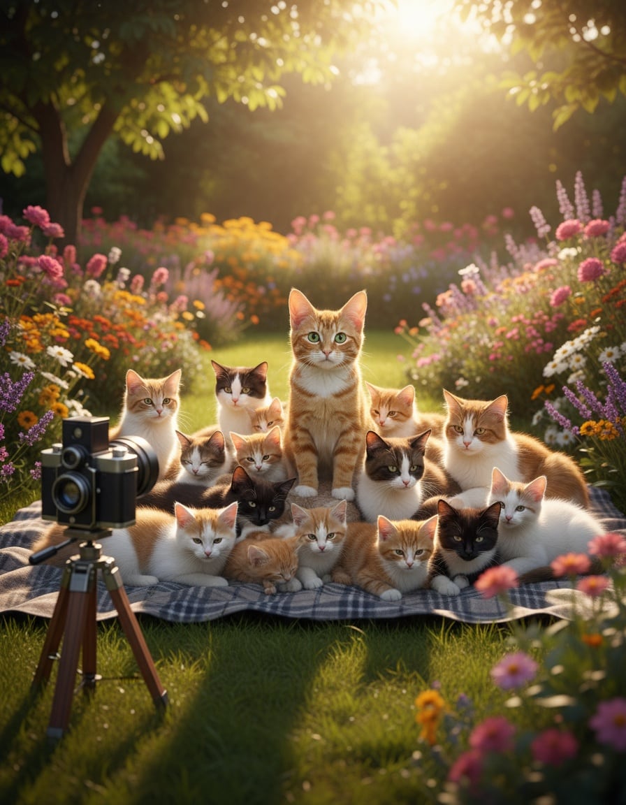 A ginger tabby cat sits in a garden surrounded by a huge crowd of kittens and cats posing for a family photo.
