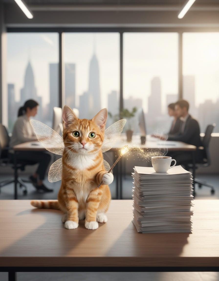 A ginger cat with fairy wings waves a wand that magically sorts papers and makes coffee in an office.
