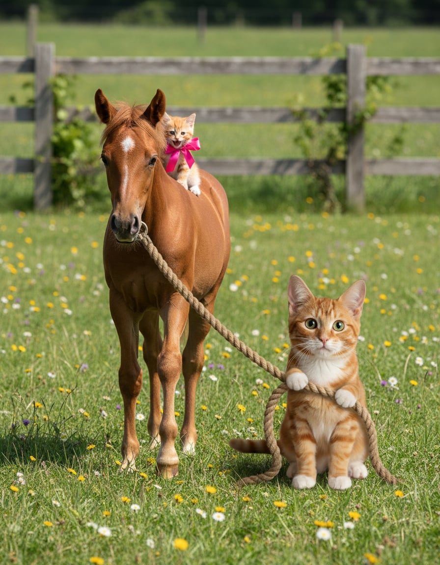A ginger cat leads a young horse carrying her little daughter kitten with a pink bow across a meadow.