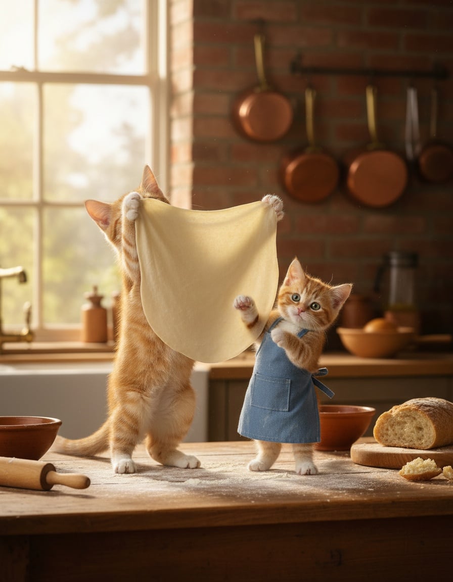 A ginger cat and her little boy kitten stretch a thin sheet of filo pastry in a sunny kitchen.