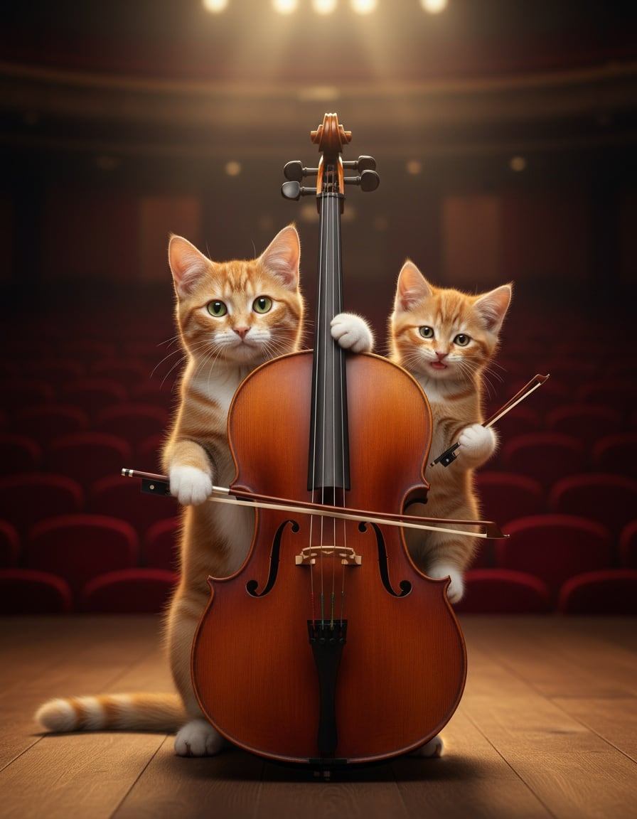 Pixa and a smaller ginger kitten share one huge, chubby cello on a spotlit concert stage.