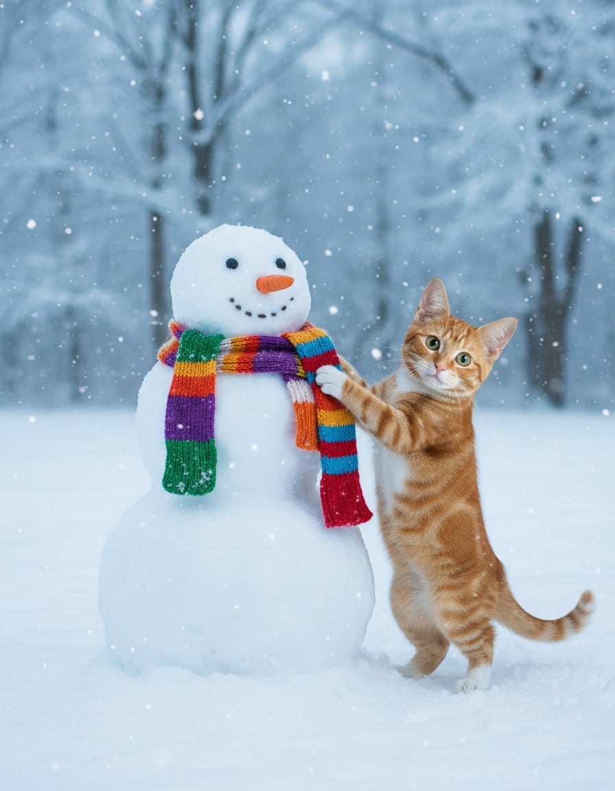 A shivering ginger cat wraps scarves around a snowman in a snowy field.