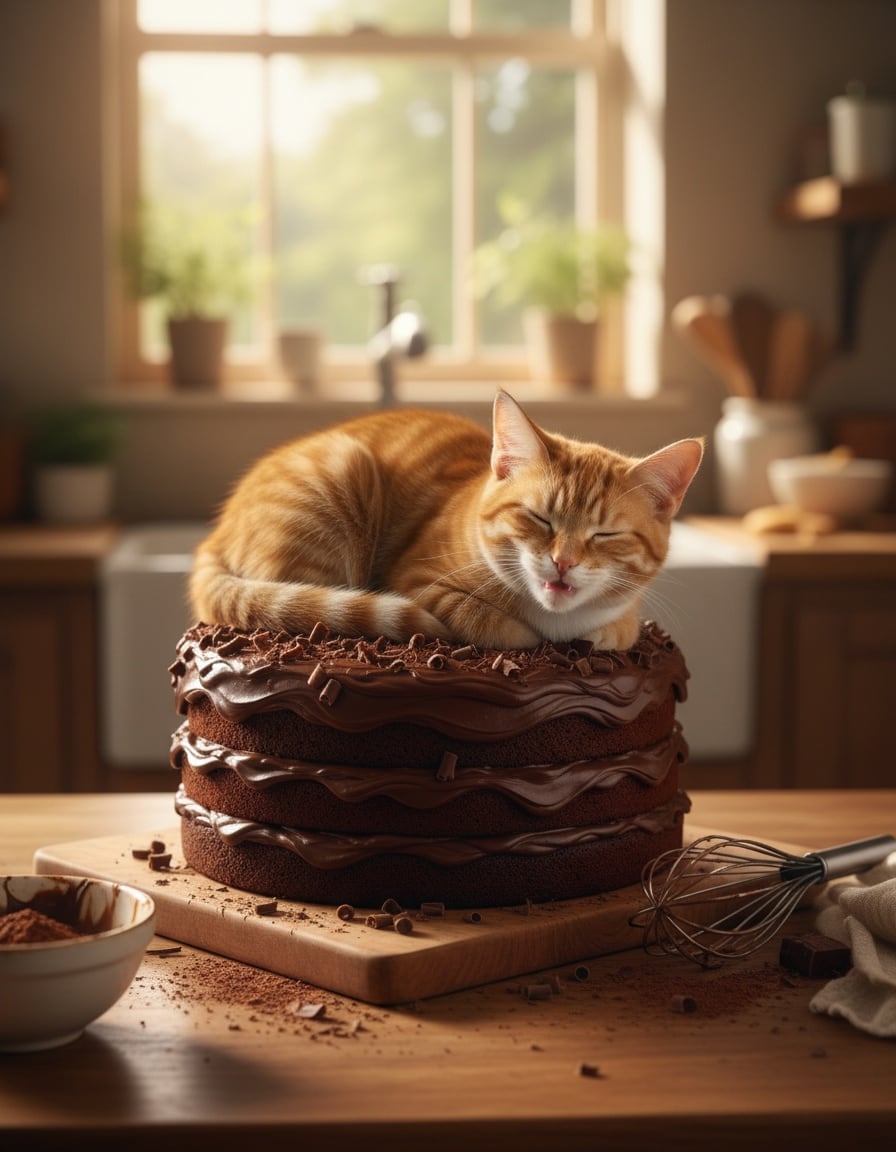 A ginger cat naps curled up on top of a big chocolate cake in a kitchen.