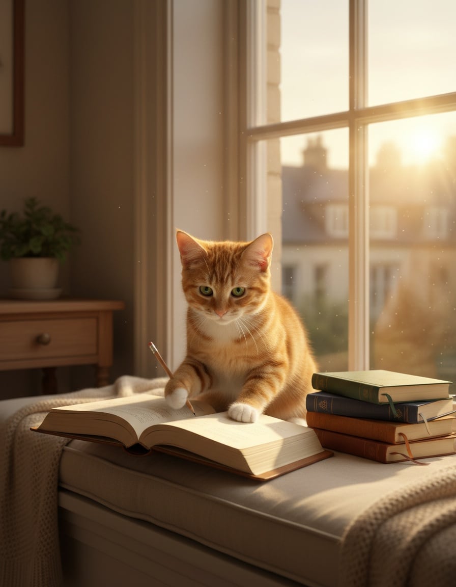 A ginger cat with a pencil sits by a bedroom window at sunrise with a big open journal.