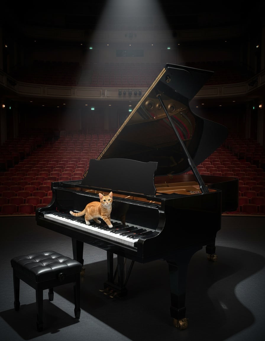A tiny ginger tabby cat runs across the keys of an enormous black grand piano on a concert stage.
