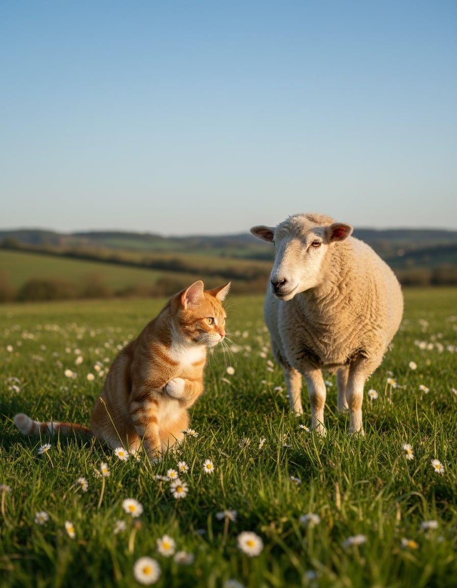 A ginger tabby cat bows to a sheep in a green grassy meadow.