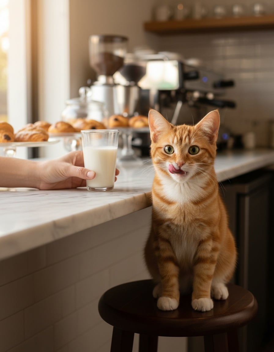 Pixa sits at a café counter as a hand serves him a tall glass of milk.