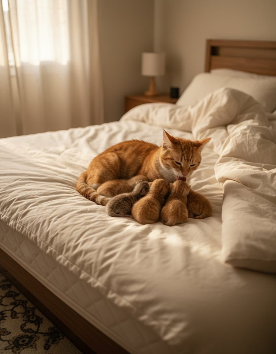 A ginger tabby mother cat lies on a big mattress with six kittens snuggled against her.