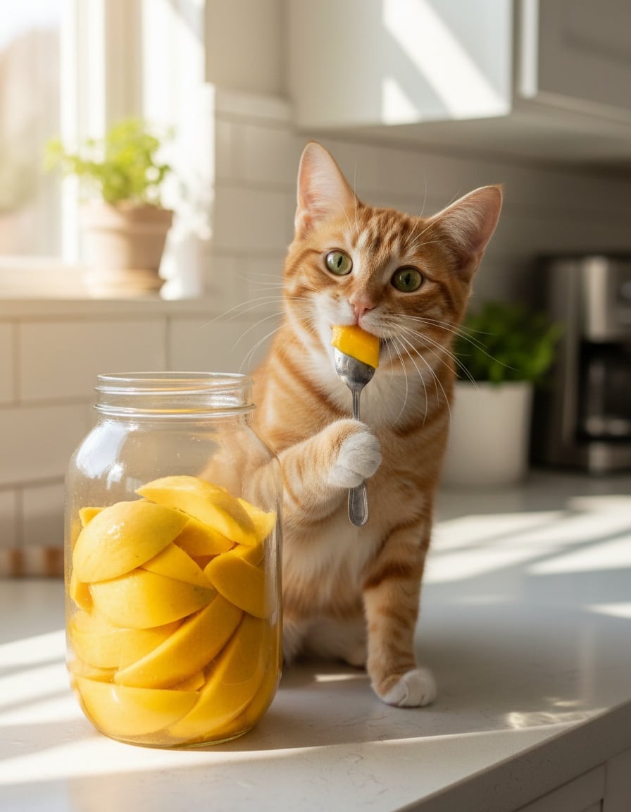 Pixa eats mango slices with a spoon from a giant glass jar on a sunny kitchen counter.