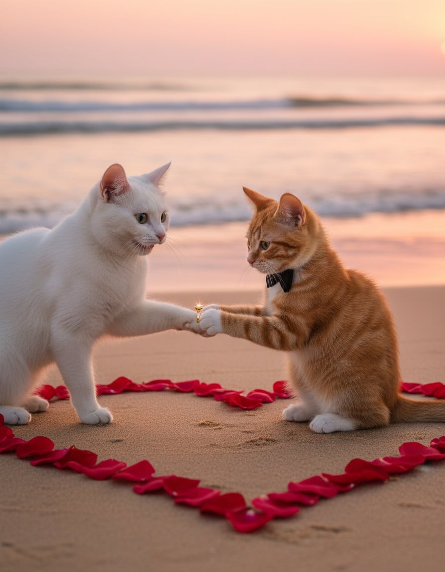 On a beach at sunset, a grey tomcat in a bow tie puts a ring on a ginger cat's toe.
