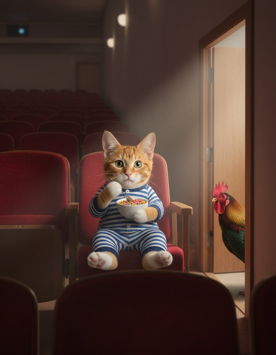 A ginger tabby cat in pyjamas eats cereal in an empty cinema as sunrise light comes through the door.