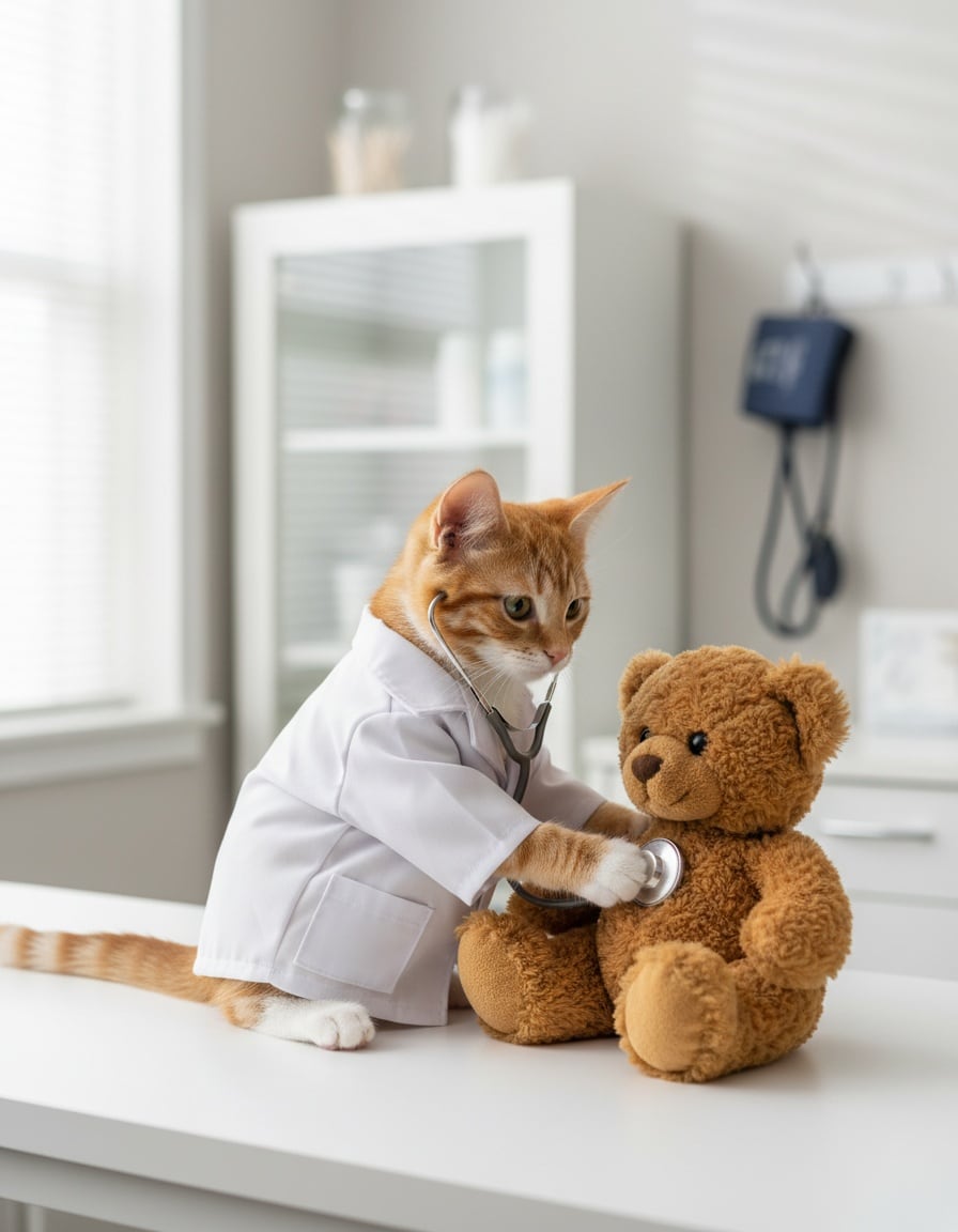 A ginger cat dressed as a doctor listens to a teddy bear's heart with a stethoscope.