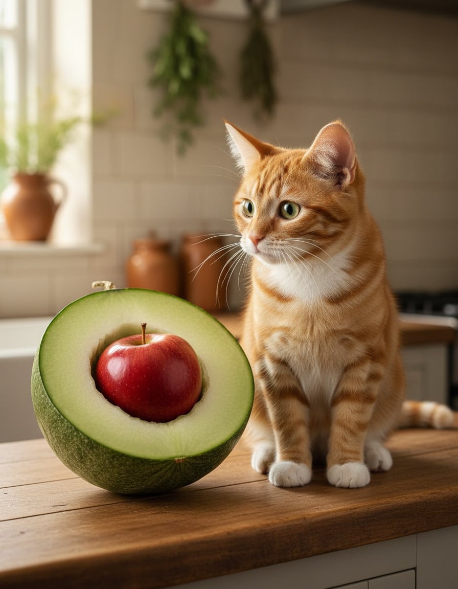 A surprised ginger tabby cat looks at a red apple sitting inside a sliced-open melon in a kitchen.