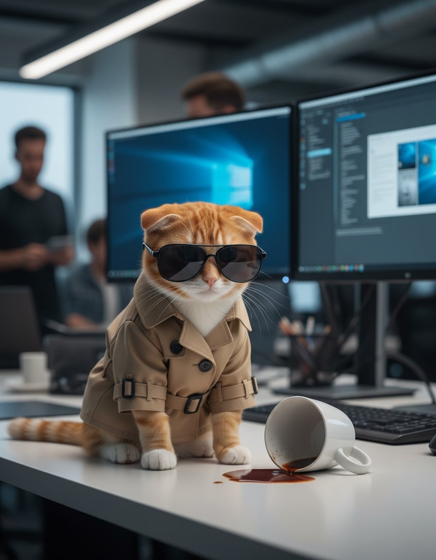 A ginger tabby cat in a tiny trench coat looks apologetic beside a spilled coffee cup on an office desk.