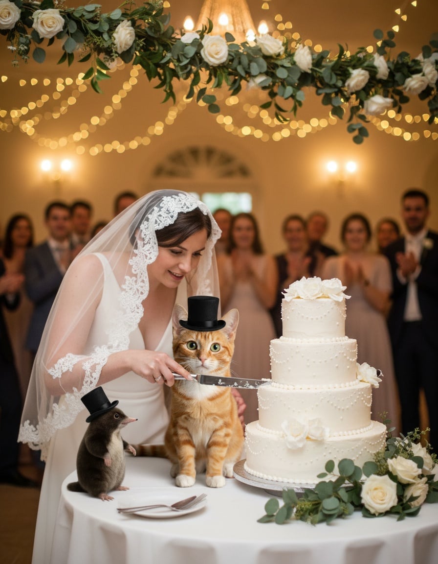 A ginger cat in a wedding veil cuts a wedding cake next to a small mole wearing a top hat.