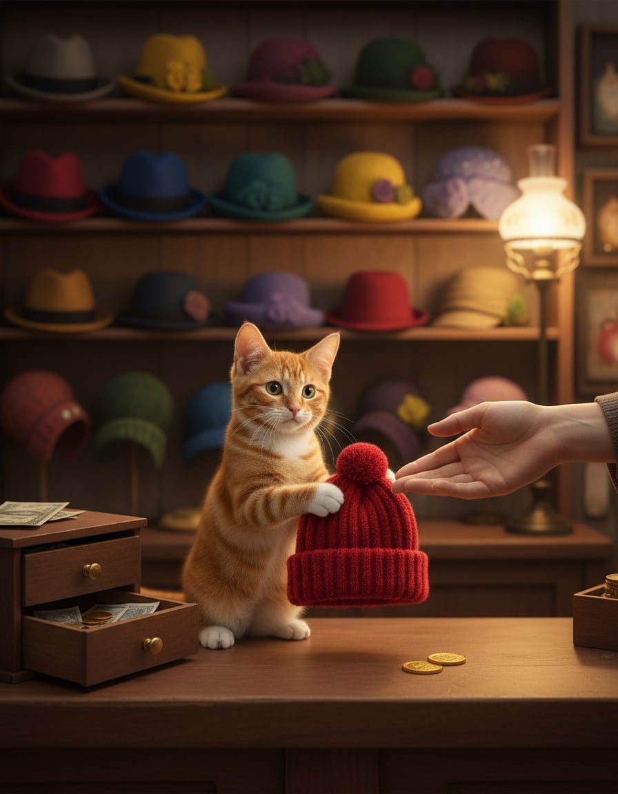 A ginger cat on a shop counter bargains over a woolly hat with a shopkeeper's hand.