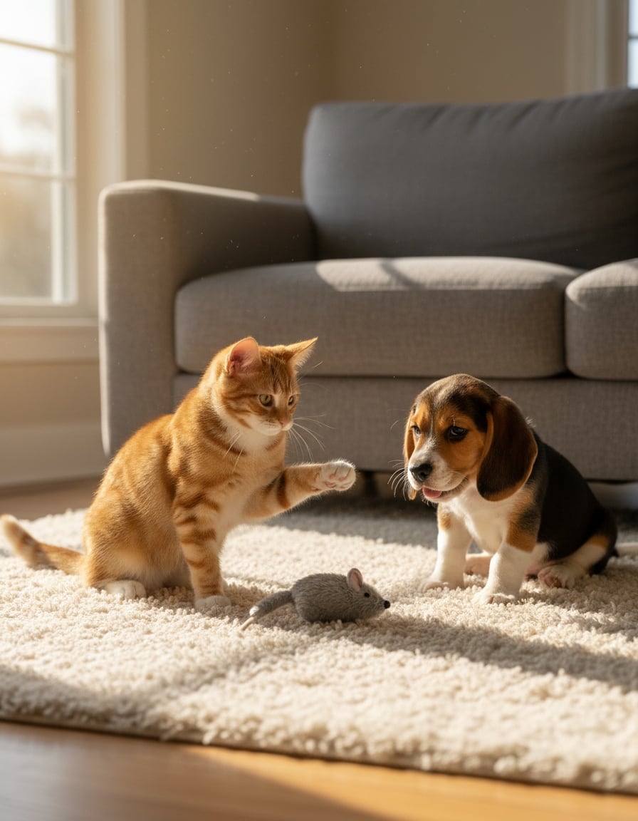 A ginger tabby cat raises a paw to stop a puppy from chewing her toy mouse in a living room.