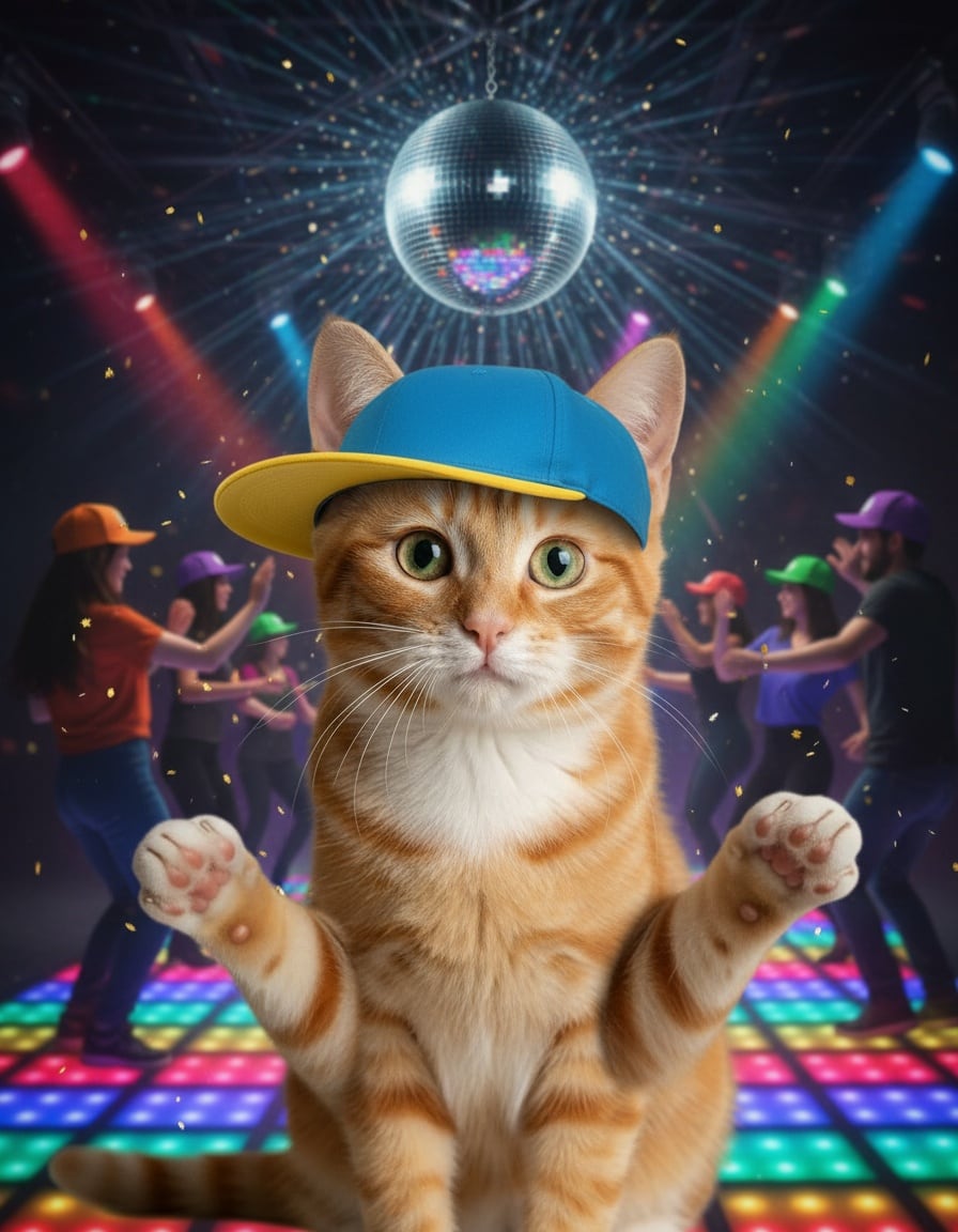 A confused ginger cat in a cap shrugs on a disco dance floor under a mirror ball.