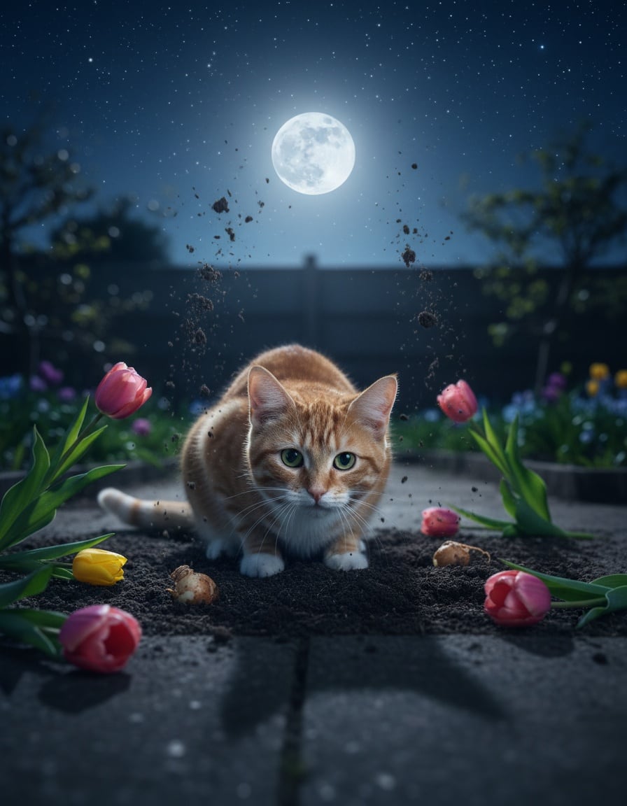A ginger cat cheekily digs up flowers in a garden under a bright full moon at night.
