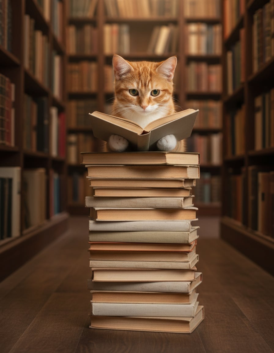 A ginger cat sits reading on top of a stack of nine thick books in a cosy bookshop.