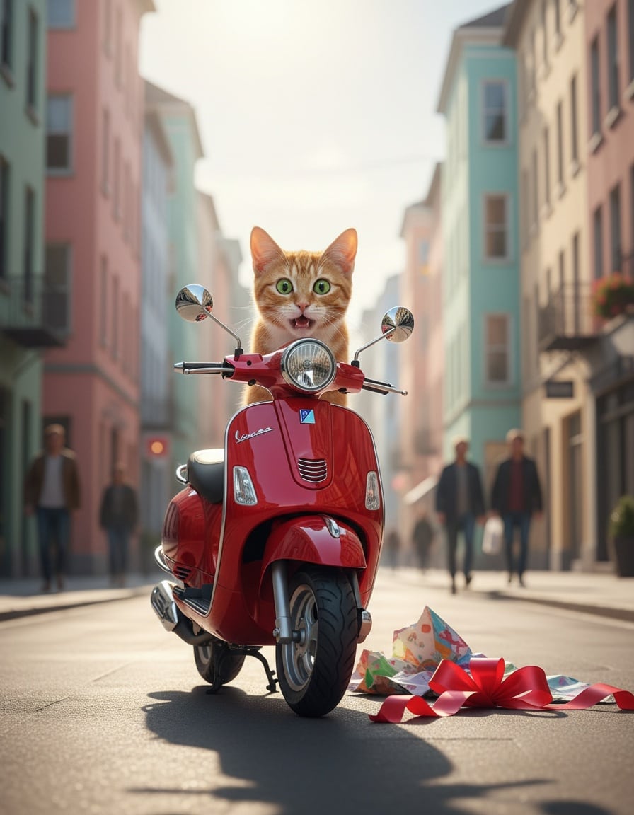 A ginger cat gasps in amazement at a shiny brand-new red scooter on a sunny street.