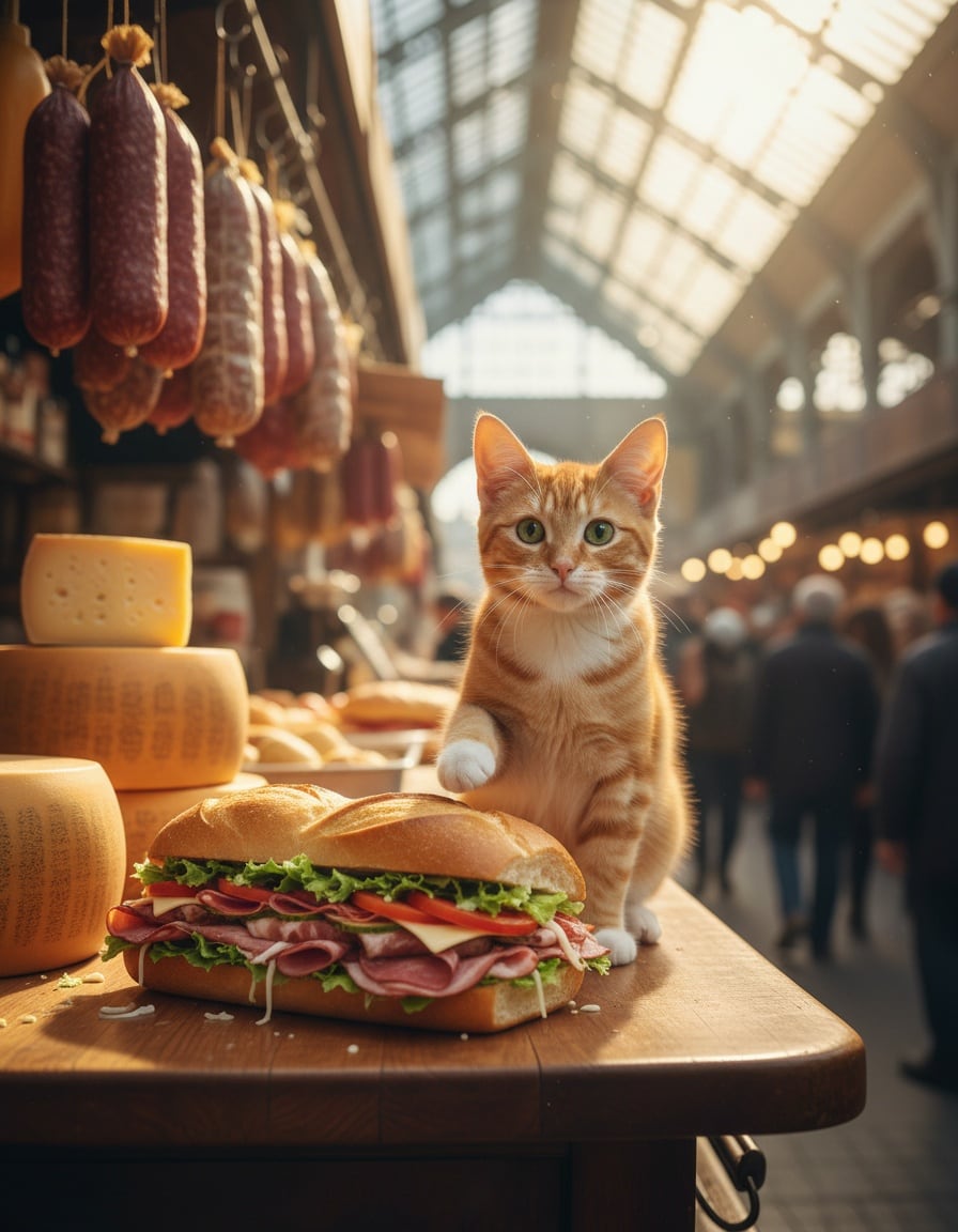 A ginger tabby cat taps her paw beside a giant sub sandwich on a deli counter at a market.